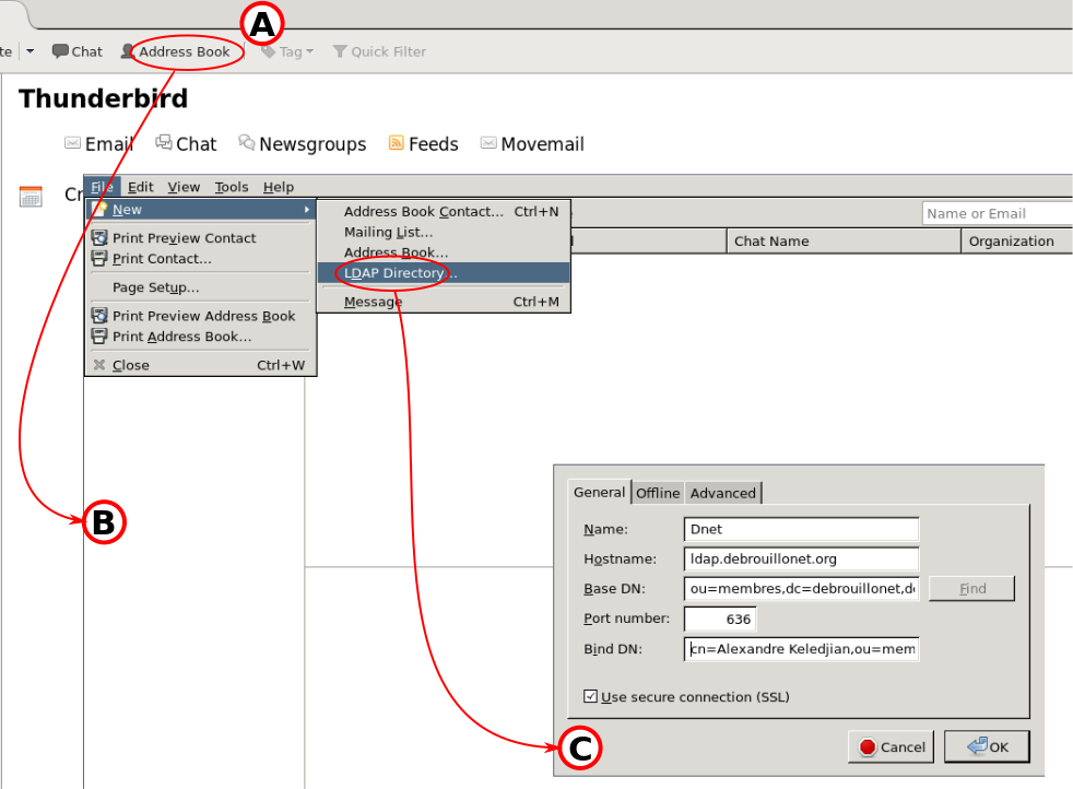 Acces au Propriete du serveur d'annuaire (thunderbird)