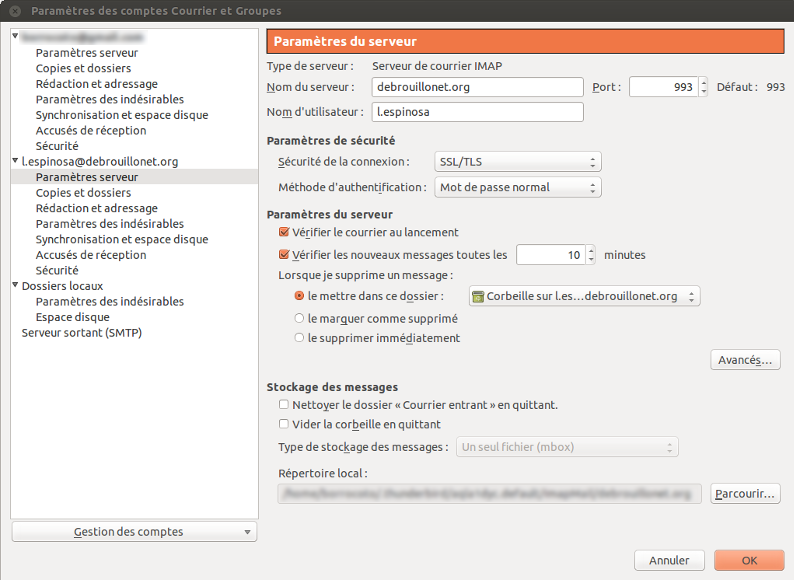 Paramètres serveur sortant Paramètres serveur sortant